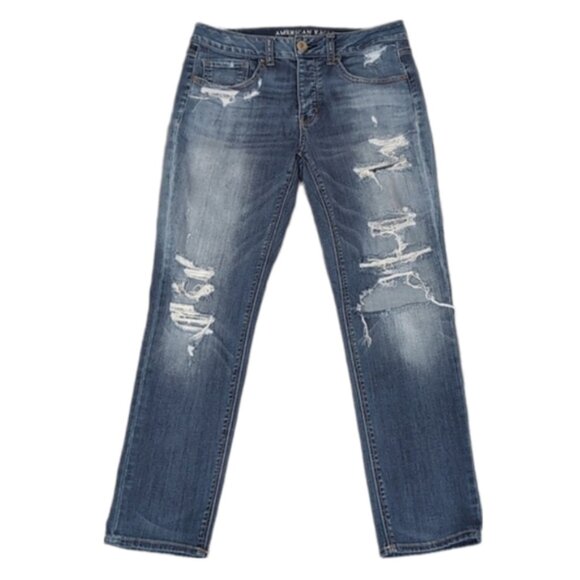 American Eagle Tomgirl Jeans Ripped Destroyed Super Stretch Slim Leg Denim - Picture 1 of 16